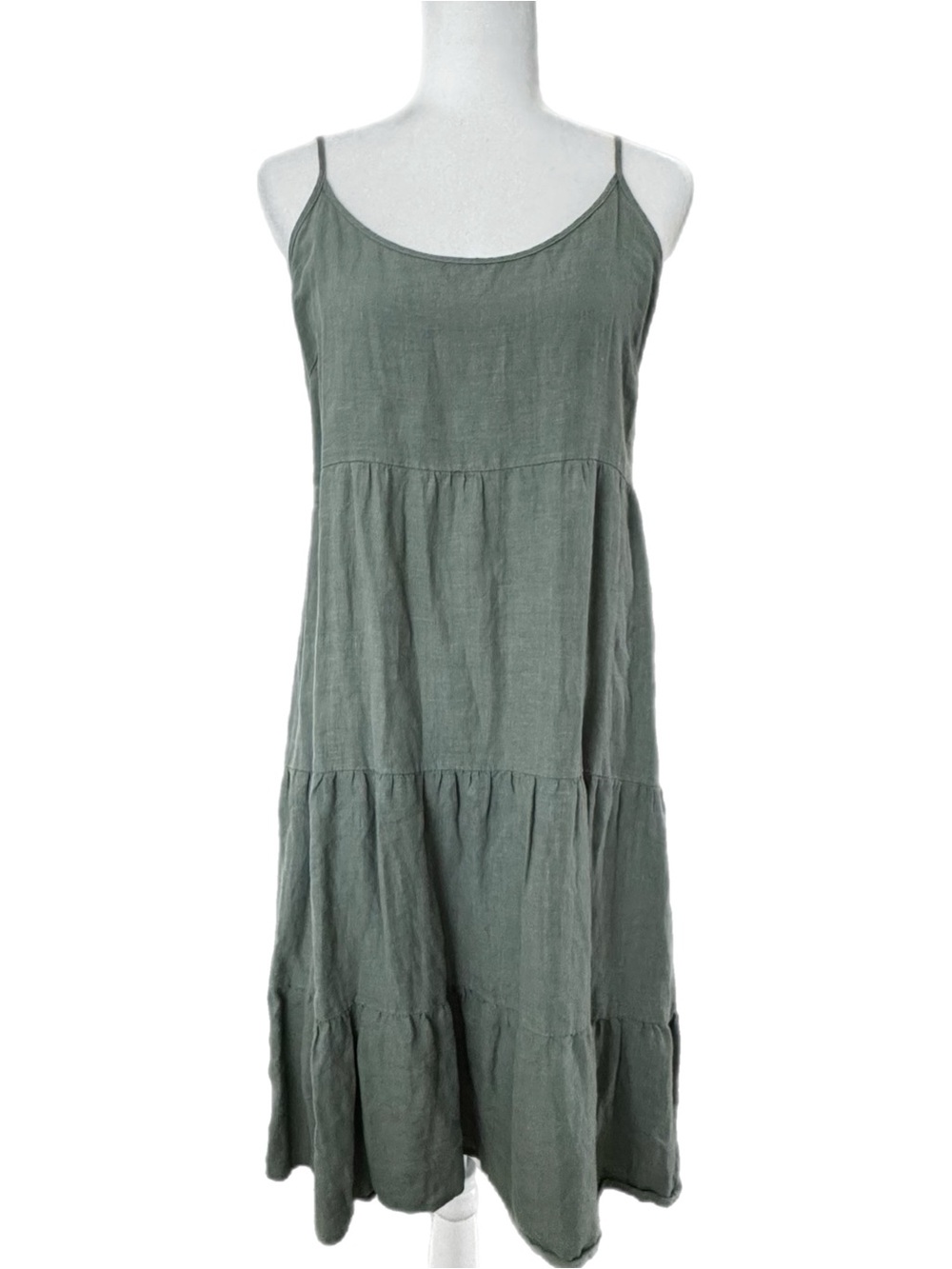Glam Linen Sleeveless Tiered Midi Dress - Olive Green Sz L